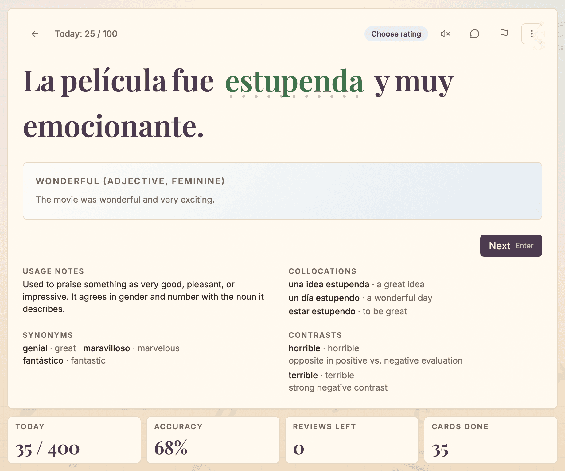 A Parolu study card with contextual vocabulary feedback in English